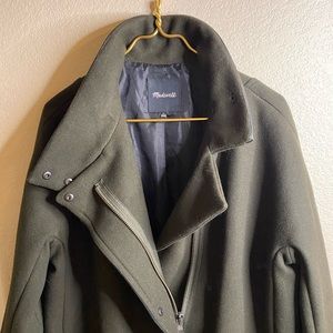Madewell City Grid Coat Wool Olive Green Leather Detail
